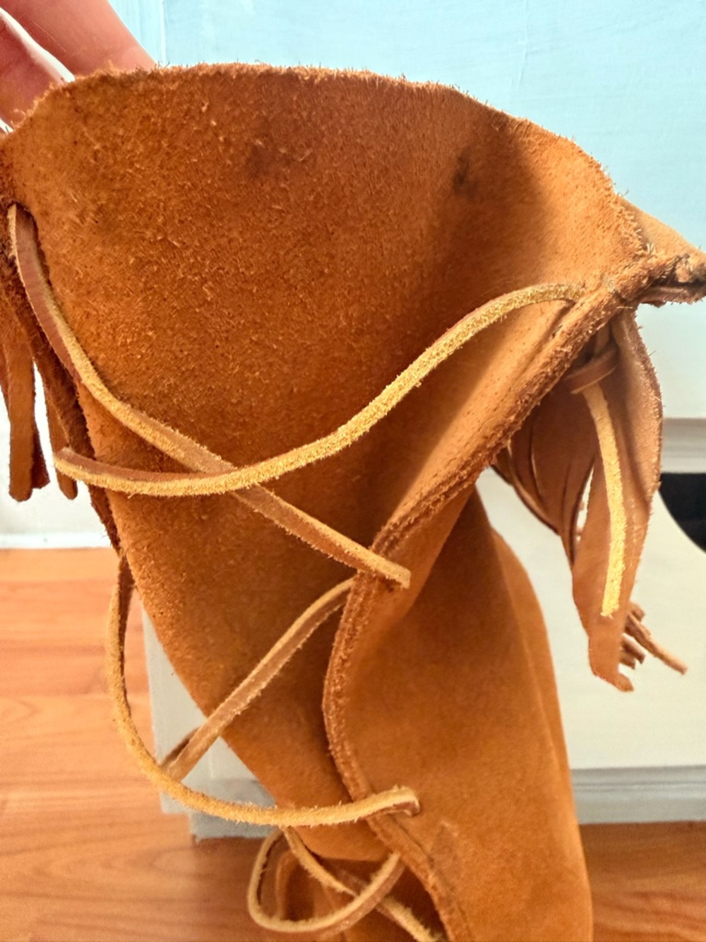 Minnetonka Fringe Lace-Up Over-the-Knee Suede Boots in Chestnut - Picture 4 of 7